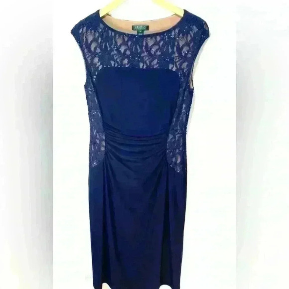 Lauren Ralph Lauren Navy Blue Lace Sequin Gathered Stretch Dress - Picture 3 of 9